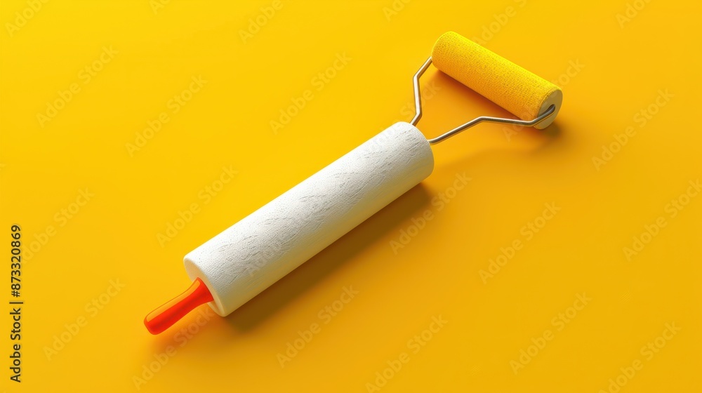 Roll of white paint and orange roller on yellow background artistic tools for home improvement and interior design Roll of white paint and orange roller on yellow background artistic tools for home improvement and interior design