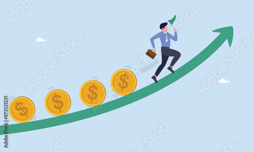 Fund manager holding flag lead money coins running up rising graph, investment profit and earning, stock market growth or fund flow depend on interest rate and inflation concept, businessman investor.