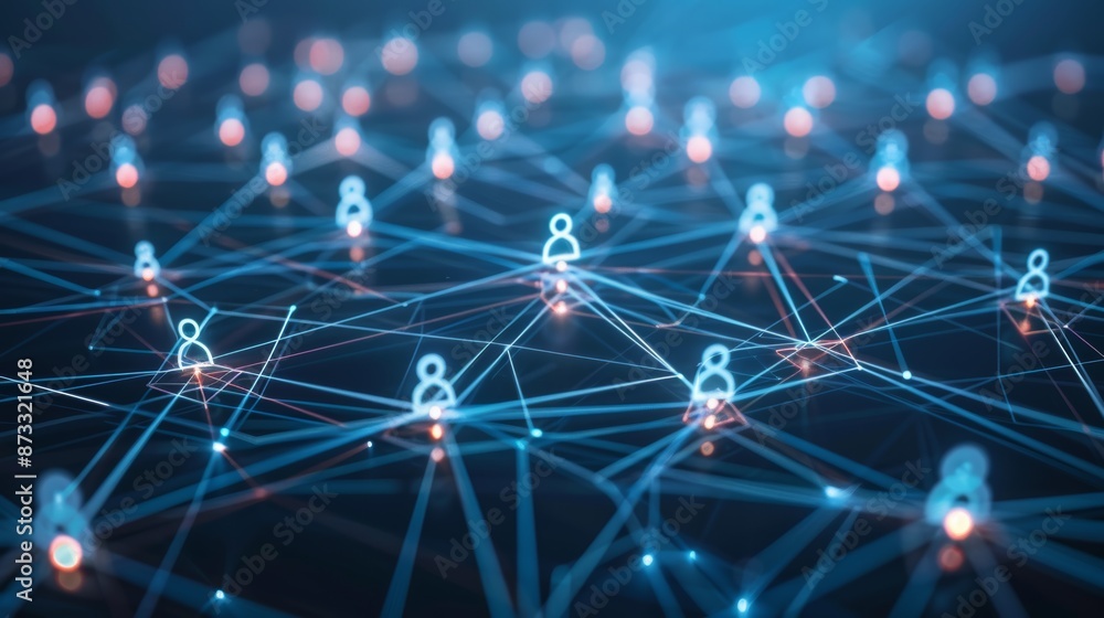 Social media network concept with user icons linked by glowing lines on a dark blue background Social media network concept with user icons linked by glowing lines on a dark blue background