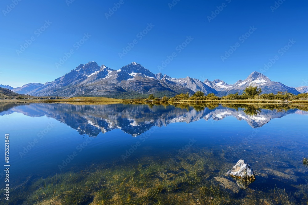 A clear blue sky hangs above snow-capped mountains reflected in the still waters of a pristine Patagonian lake A clear blue sky hangs above snow-capped mountains reflected in the still waters of a pristine Patagonian lake
