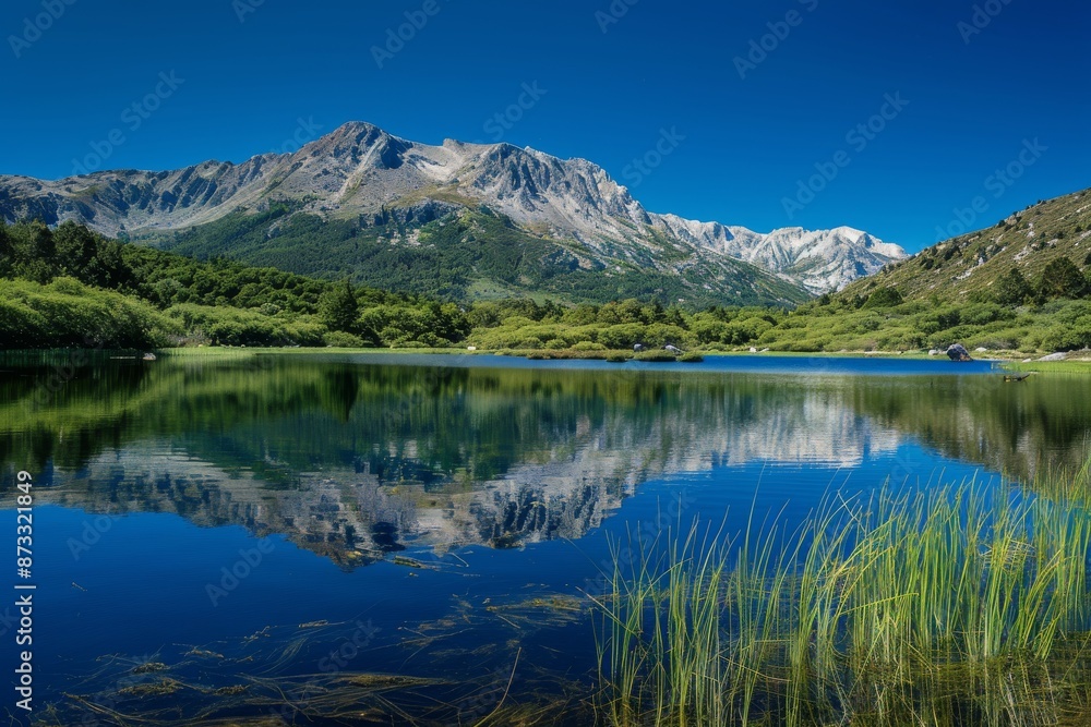 A calm lake reflects a majestic mountain range with snow-capped peaks under a clear blue sky. Lush greenery surrounds the tranquil waters A calm lake reflects a majestic mountain range with snow-capped peaks under a clear blue sky. Lush greenery surrounds the tranquil waters
