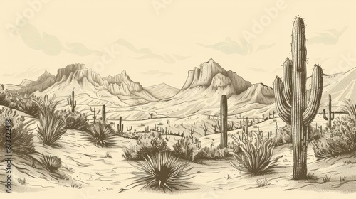 Fototapeta Naklejka Na Ścianę i Meble -  Vintage-style illustration of a desert landscape with various cacti. The drawing features detailed shading and textures, capturing the arid environment and mountainous background.