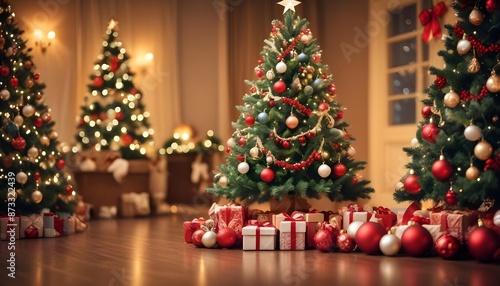 Christmas tree with baubles, bokeh, 
big santa, gifts behind confetti winter background