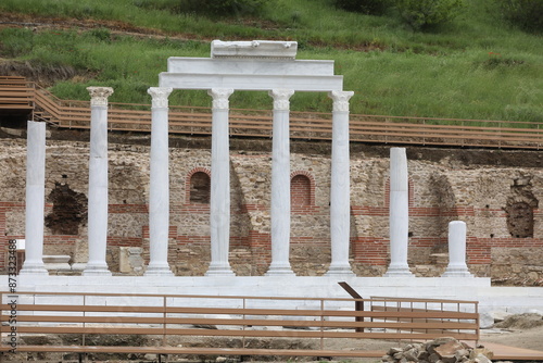 View of archaeological site - Heraklea Sintika. Historical site with ruins of Heraklea Sintika. Architectural background photo