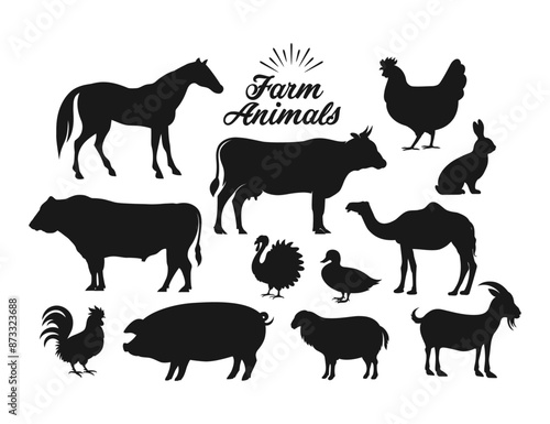 Farm animals. Silhouette animals vector. Horse, cow, bull, sheep, pig, rooster, chicken, hen, goose, rabbit, turkey, goat, camel, duck on white background.