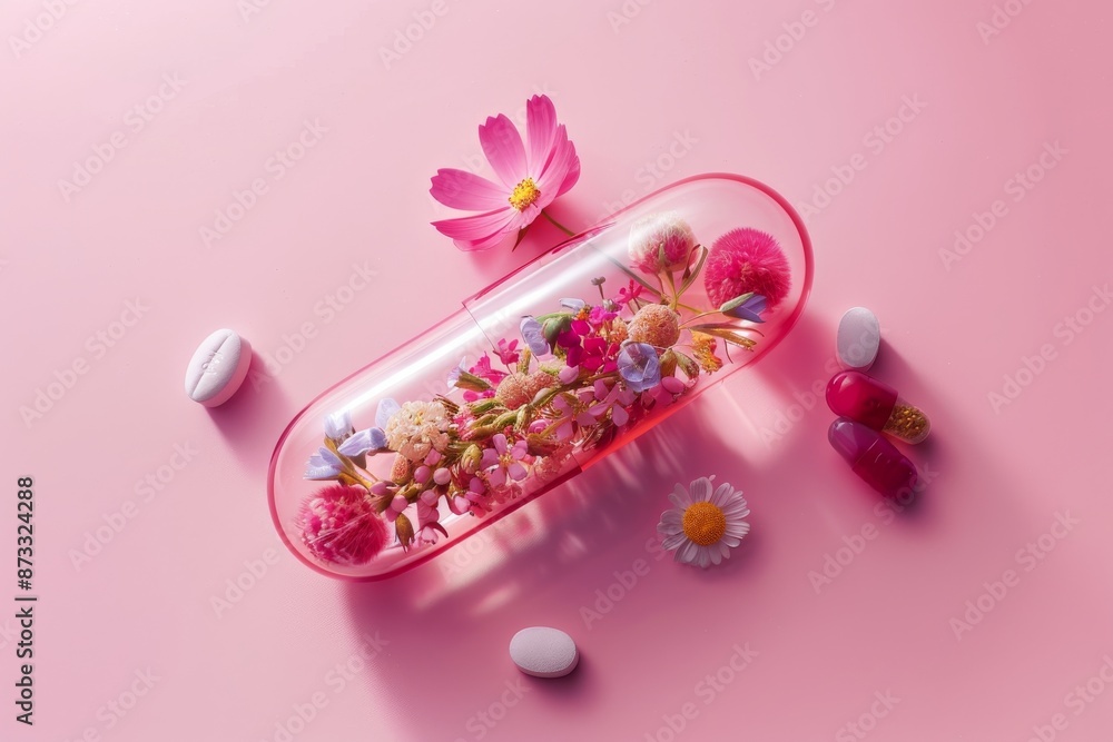 A large, transparent pill capsule filled with colorful flowers and herbs lies on a pastel pink surface, surrounded by other pills and flowers A large, transparent pill capsule filled with colorful flowers and herbs lies on a pastel pink surface, surrounded by other pills and flowers
