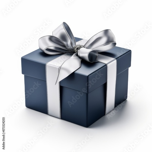 elegant gift box with fine silver ribbon navy blue wrapping paper , generated by AI. High quality photo