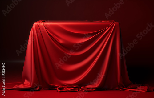 In a dimly lit room, a rectangular box is covered with a vibrant red cloth, resembling a curtain. The atmosphere is enhanced by the interplay of tints and shades, a captivating and mesmerizing scene