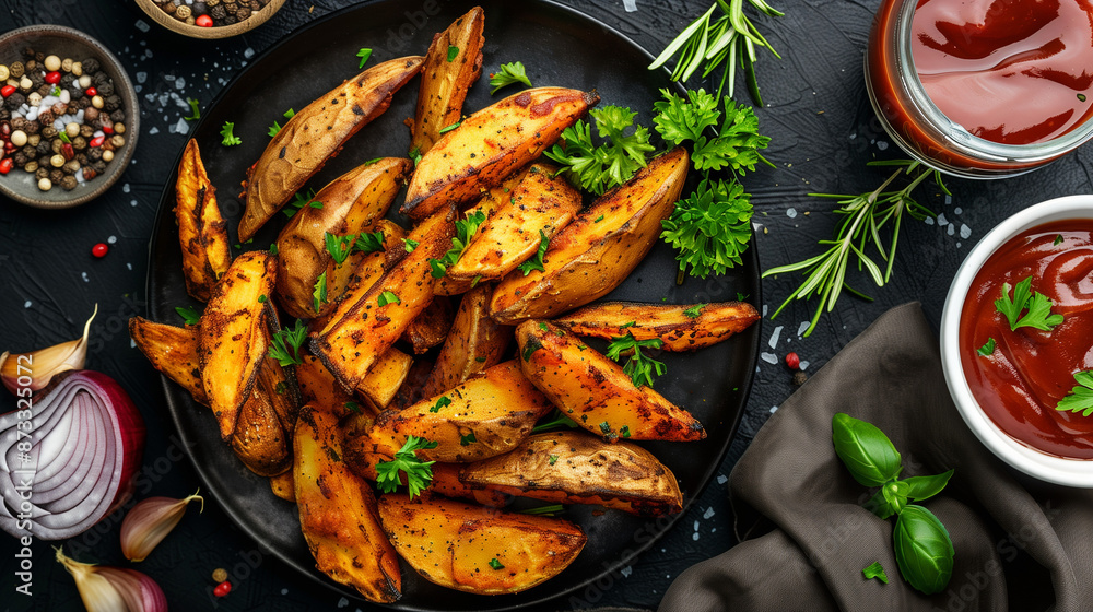 Homemade, organic potato fries, prepared in a vegan version, served with aromatic herbs, onion and tomato sauce, create a healthy and tasty snack. Homemade, organic potato fries, prepared in a vegan version, served with aromatic herbs, onion and tomato sauce, create a healthy and tasty snack.