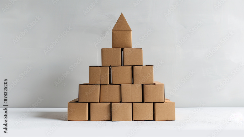 Cardboard boxes arranged in a pyramid shape stand on a white background as a symbol of stability and order. Cardboard boxes arranged in a pyramid shape stand on a white background as a symbol of stability and order.