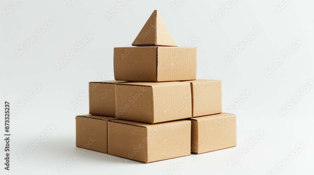 Obraz premium Cardboard boxes arranged in a pyramid shape stand on a white background as a symbol of stability and order.