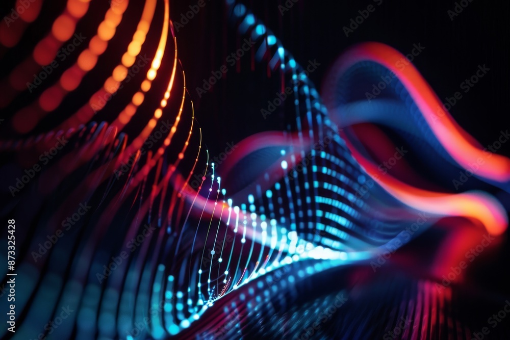 A close-up shot of a digital neon soundwave emanating from a subwoofer, captured against a black background A close-up shot of a digital neon soundwave emanating from a subwoofer, captured against a black background