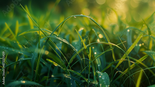 The plant's vines neatly cover the blades of grass, creating natural green bouquets. Their subtle taunts and agile spirals show how plants can adapt to their surroundings. photo