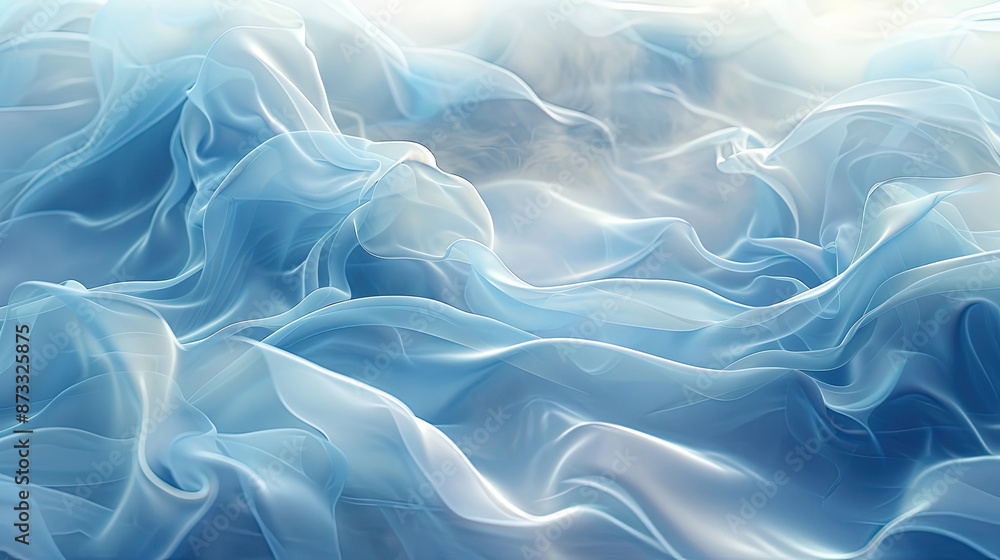 Obraz premium Abstract blue and white silk fabric texture. Showing its soft, flowing translucent texture and subtle color gradient. Fabric is arranged in folds and waves, creating an abstract gentle pattern.