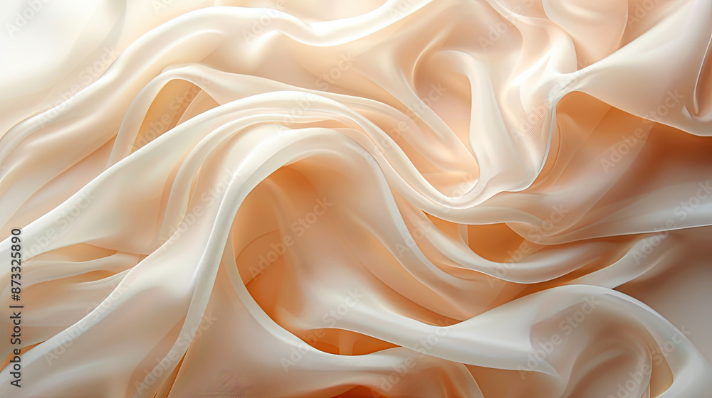 Fototapeta premium Abstract peach and white silk fabric texture. Showing its soft, flowing translucent texture and subtle color gradient. Fabric is arranged in folds and waves, creating an abstract gentle pattern.