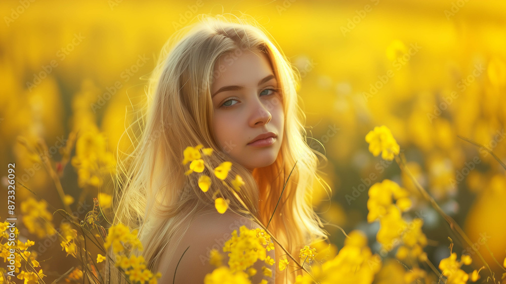 A beautiful blonde-haired girl standing gracefully amidst a vast field of blooming yellow rapeseed flowers A beautiful blonde-haired girl standing gracefully amidst a vast field of blooming yellow rapeseed flowers
