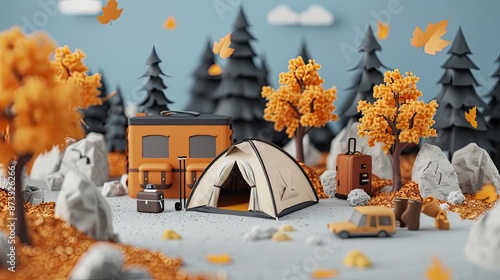 A miniature scene of a campsite in the fall, featuring a small tent, a car, and autumn leaves falling photo