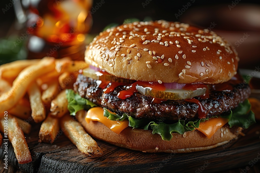 Delicious hamburger with cola and potato fries on a wooden table with a dark brown background behind. Fast food concept Delicious hamburger with cola and potato fries on a wooden table with a dark brown background behind. Fast food concept