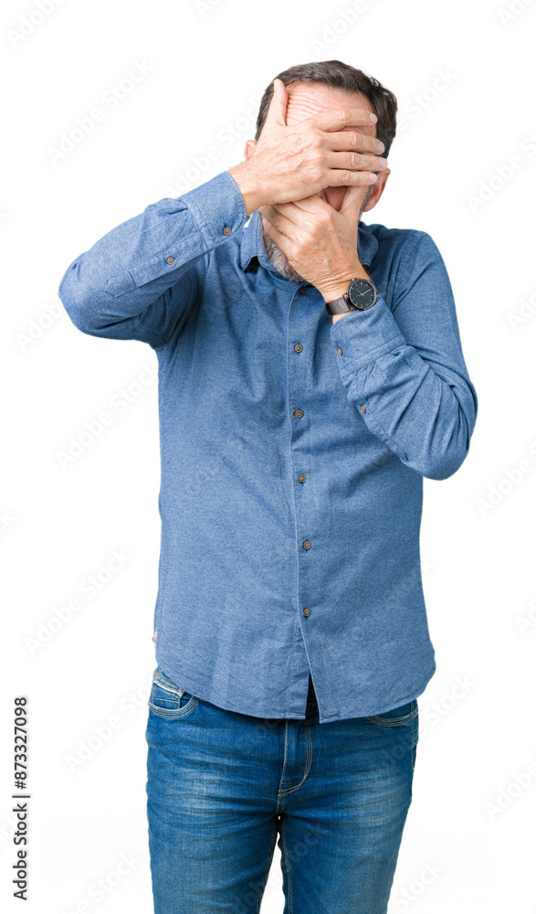 Handsome middle age elegant senior man over isolated background Covering eyes and mouth with hands, surprised and shocked. Hiding emotion Handsome middle age elegant senior man over isolated background Covering eyes and mouth with hands, surprised and shocked. Hiding emotion