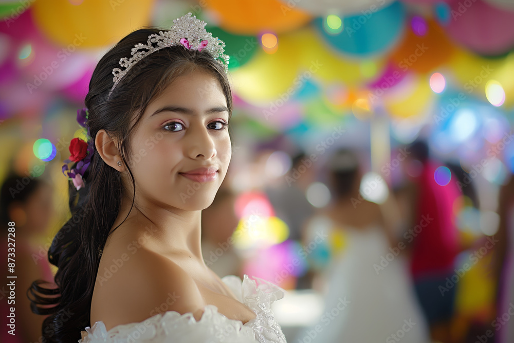 Young Girl in White Dress with Tiara at a Colorful Festive Celebration Young Girl in White Dress with Tiara at a Colorful Festive Celebration
