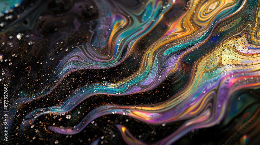 Fototapeta premium Digital art piece featuring iridescent liquid swirls on black background with glittering accents.