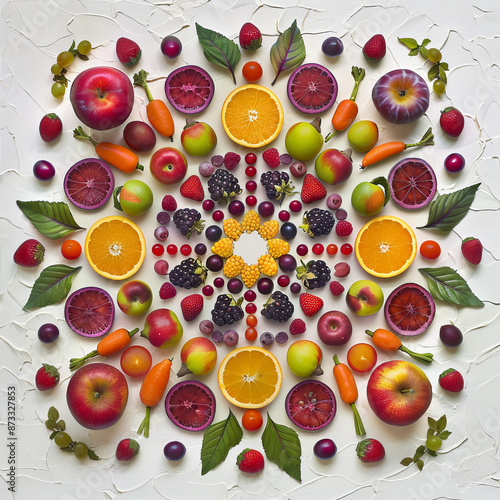 Fototapeta Naklejka Na Ścianę i Meble -  A mandala created using various fruits and vegetables on a white background. 