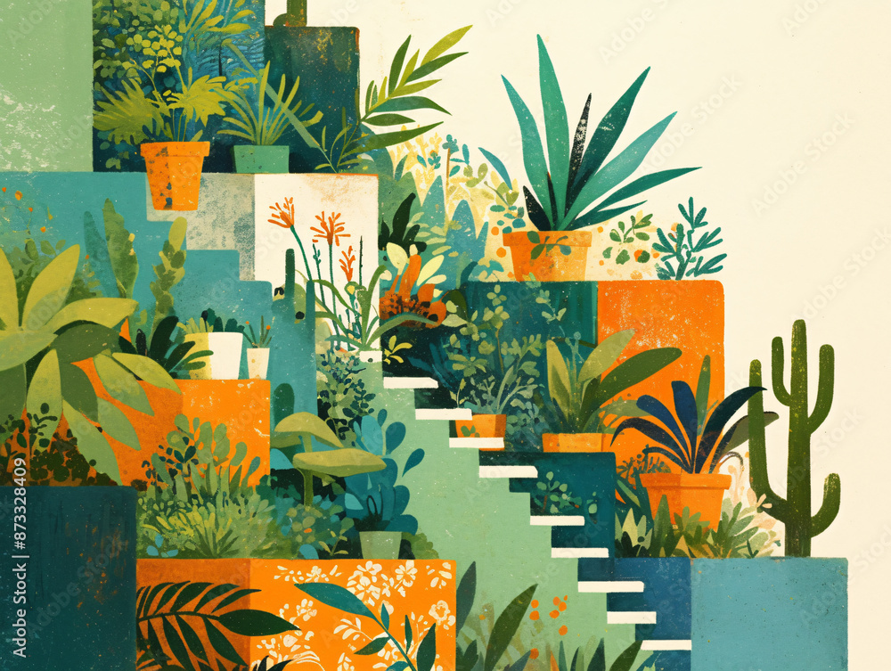 Obraz premium a vibrant and colorful illustration of a tropical house with a potted plant and a doorway.
