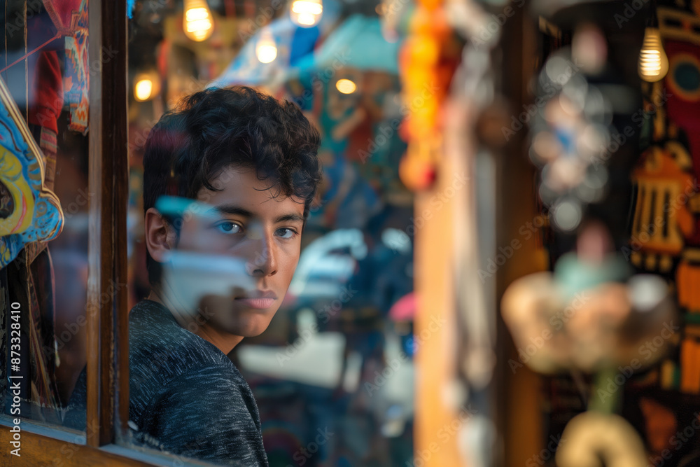 Obraz premium Young Man in Vibrant Market with Colorful Backgrounds and Reflections