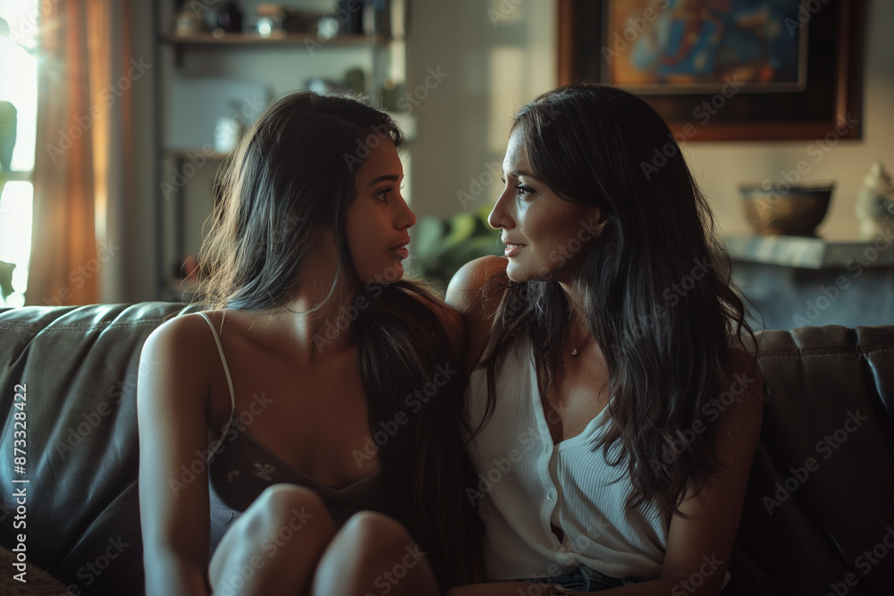 Mother and Daughter Bonding at Home in Cozy Living Room Setting Mother and Daughter Bonding at Home in Cozy Living Room Setting