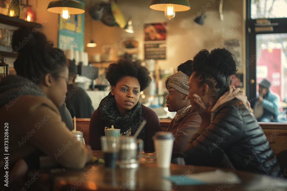 Diverse Group of Friends Having a Conversation in a Cozy Cafe Diverse Group of Friends Having a Conversation in a Cozy Cafe