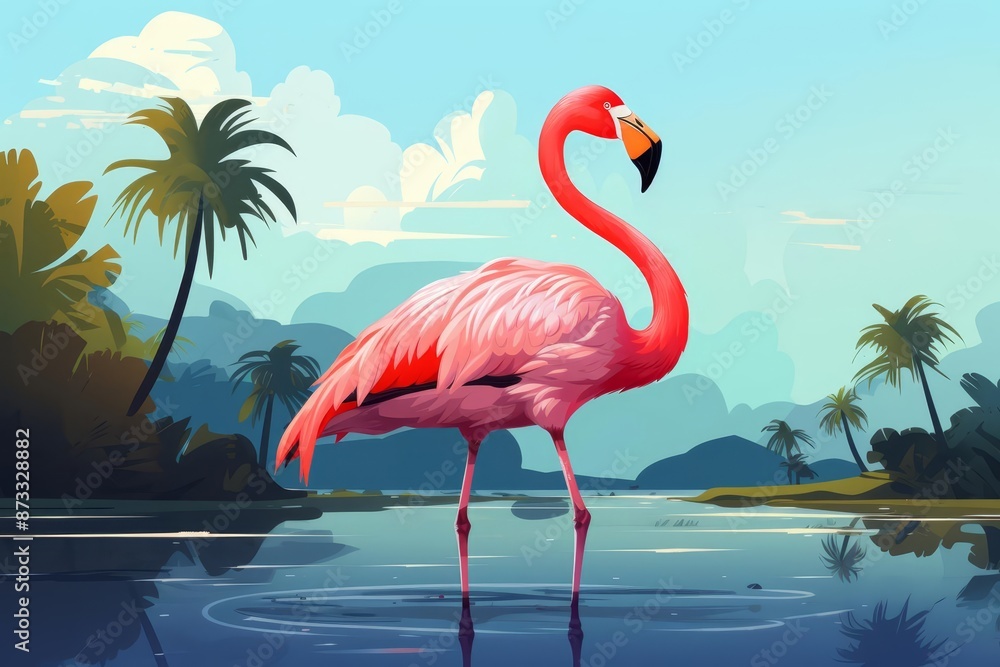 Fototapeta premium Flamingo resting on one leg flat design front view tropical wetland animation vivid