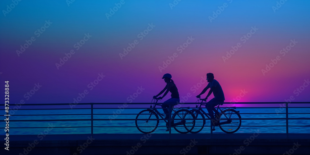 Fototapeta premium Silhouetted Cyclists Riding Along a Pier at Sunset with Vibrant Sky Background