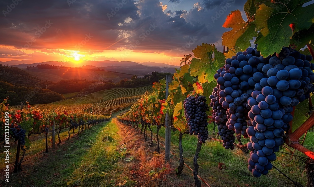 Naklejka premium Ripe grapes in vineyard at sunset, Tuscany, Italy, Generative AI