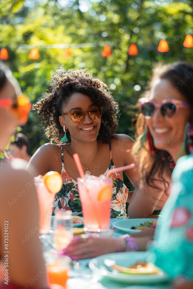 Friends Enjoying Tropical Drinks at an Outdoor Summer Party Friends Enjoying Tropical Drinks at an Outdoor Summer Party