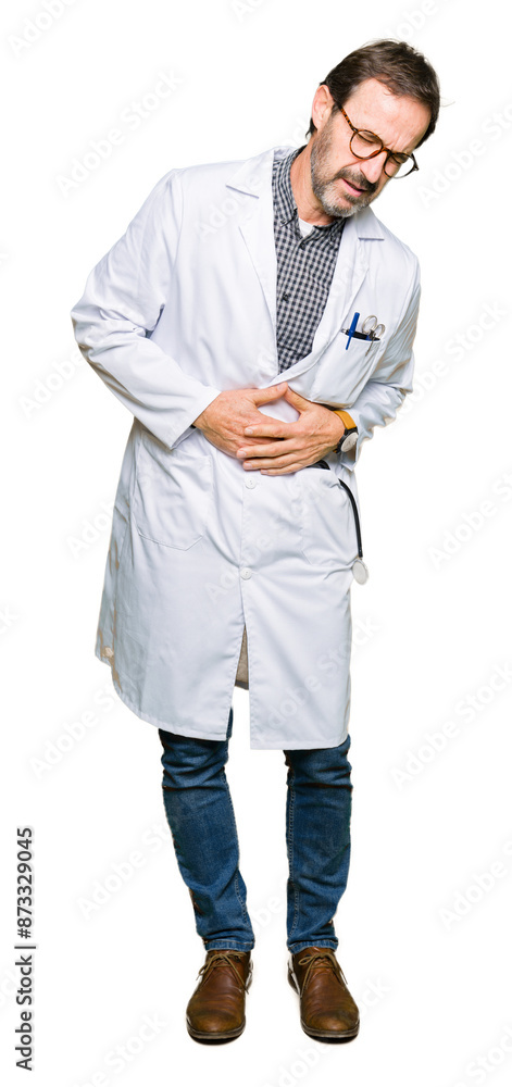 Middle age doctor men wearing medical coat with hand on stomach because nausea, painful disease feeling unwell. Ache concept. Middle age doctor men wearing medical coat with hand on stomach because nausea, painful disease feeling unwell. Ache concept.