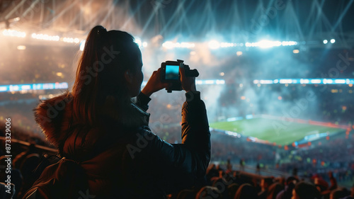 A blogger in a bustling stadium captures the energy of the crowd on a smartphone using a manual camera stabilizer photo