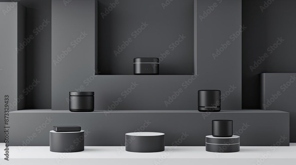 Six black cylindrical objects on gray shelves against a minimalist background. Varying in size and staggered arrangement for visual interest Six black cylindrical objects on gray shelves against a minimalist background. Varying in size and staggered arrangement for visual interest