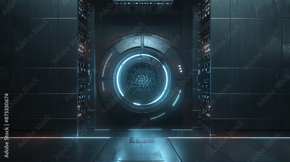 Fototapeta premium Futuristic steel vault door with glowing lights in a high-tech facility, showcasing advanced security and technology.