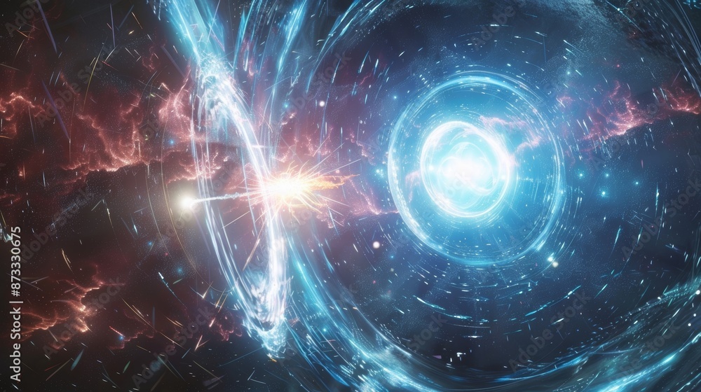Obraz premium A burst of energy radiates from the point where the two quarks meet.