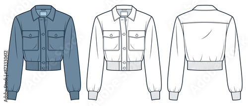 Bomber Jacket fashion flat technical drawing template. Button Down Jacket technical fashion illustration, pockets, rib, front and back view, white, blue, women, men, unisex CAD mockup set.