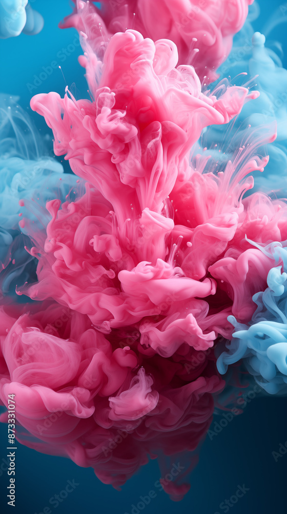 Obraz premium Pink Paint Drained Liquid Fluid on Blue Background, Abstract Image, Texture, Pattern Background, Wallpaper, Background, Cell Phone Cover and Screen, Smartphone, Computer, Laptop, 9:16 and 16:9 Format 