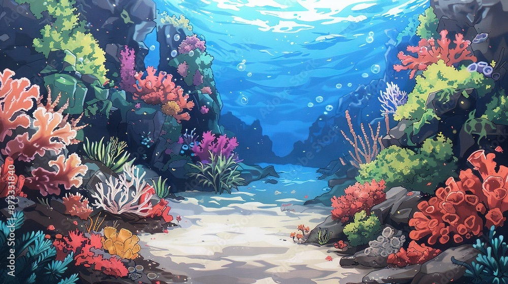 Fototapeta premium A stunning underwater painting featuring vibrant corals, lush marine plants, and a captivating path leading to the water's edge