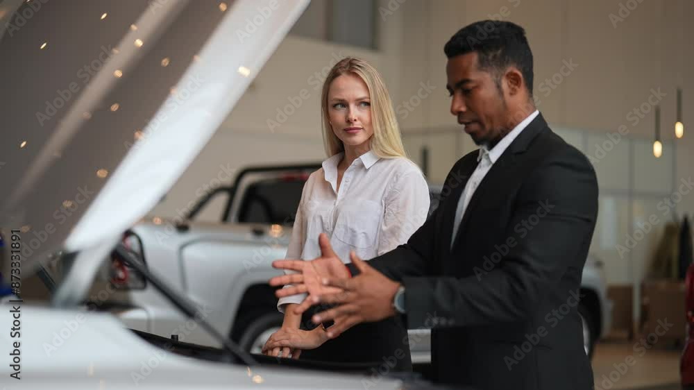 Blonde female customer and professional African car dealer standing near new car with open hood examining engine of vehicle. Professional black male consultant service showing choosing buying car. Blonde female customer and professional African car dealer standing near new car with open hood examining engine of vehicle. Professional black male consultant service showing choosing buying car.