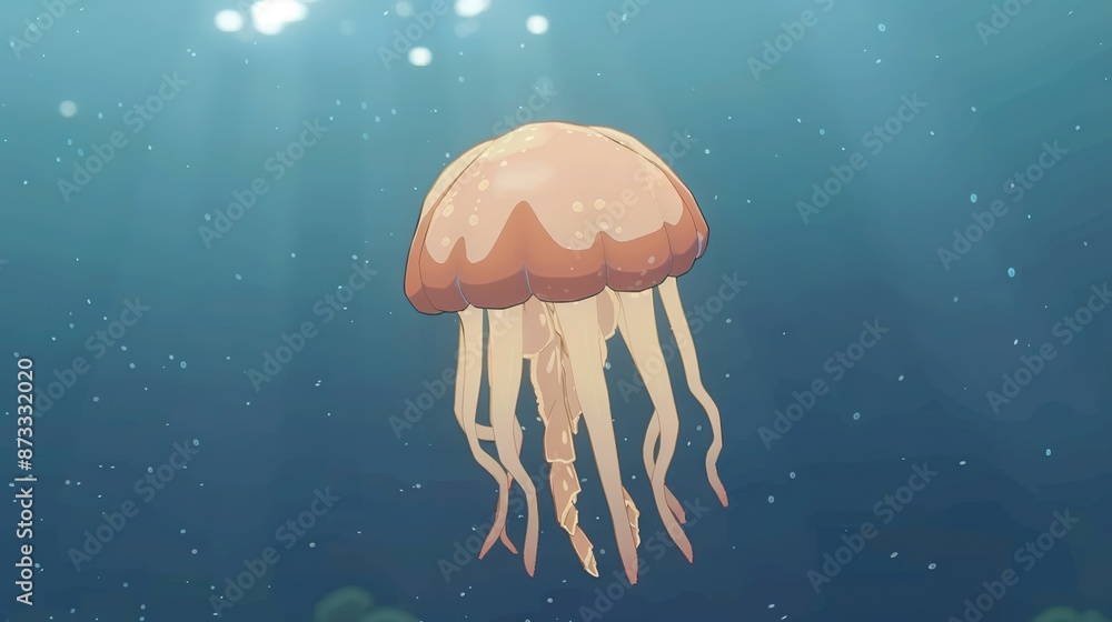 A jellyfish floats in the ocean, surrounded by blue water and bathed in sunlight reflecting off its back and head A jellyfish floats in the ocean, surrounded by blue water and bathed in sunlight reflecting off its back and head