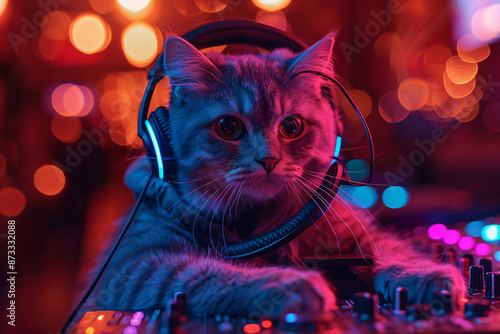 A cute cat, wearing stylish headphones, sits behind a DJ console in a vibrant, colorful setting with bokeh lights, creating a fun, party atmosphere © Tanicsean