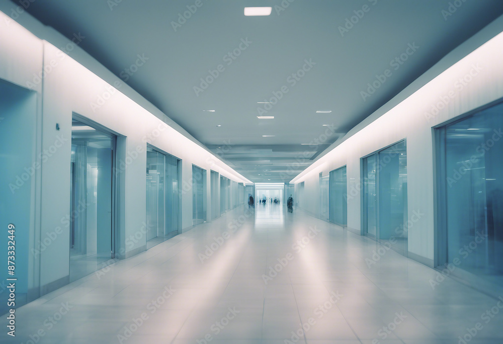 Beautiful light blue blurred background panoramic image of a spacious office or mall hallway Beautiful light blue blurred background panoramic image of a spacious office or mall hallway