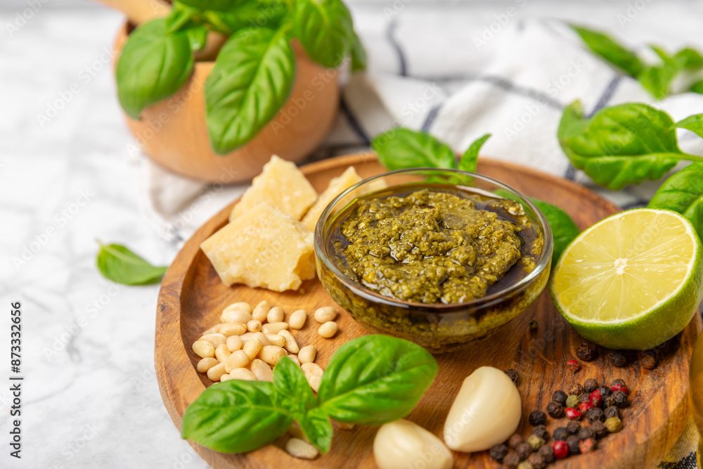Pesto. Italian basil pesto sauce on a textured wooden background. Ingredient for pesto sauce: fresh basil, pine nuts, Parmesan cheese and olive oil. Space for text.Copy space. Pesto. Italian basil pesto sauce on a textured wooden background. Ingredient for pesto sauce: fresh basil, pine nuts, Parmesan cheese and olive oil. Space for text.Copy space.