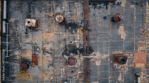 Aerial view of a flat shingle roof of an industrial building, featuring multiple vents and utility structures. The rooftop shows signs of wear and tear, with visible patches and weathering. © Business Pics