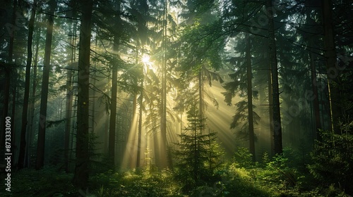 the sun shining through the trees in a forest
