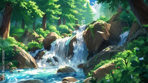   Waterfall painting surrounded by trees and rocks